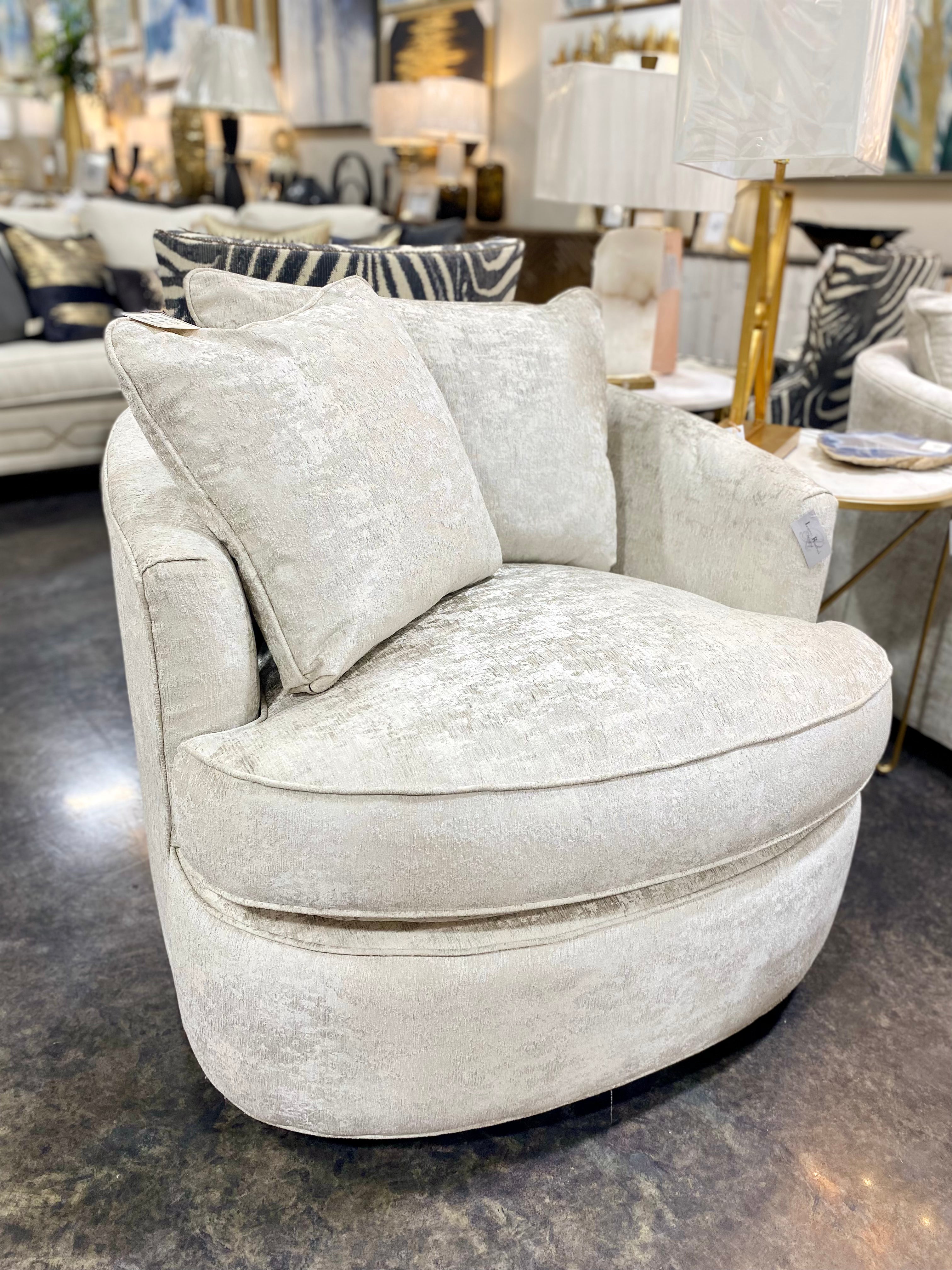 Craftmaster White Textured Swivel Chair with Silver Detail