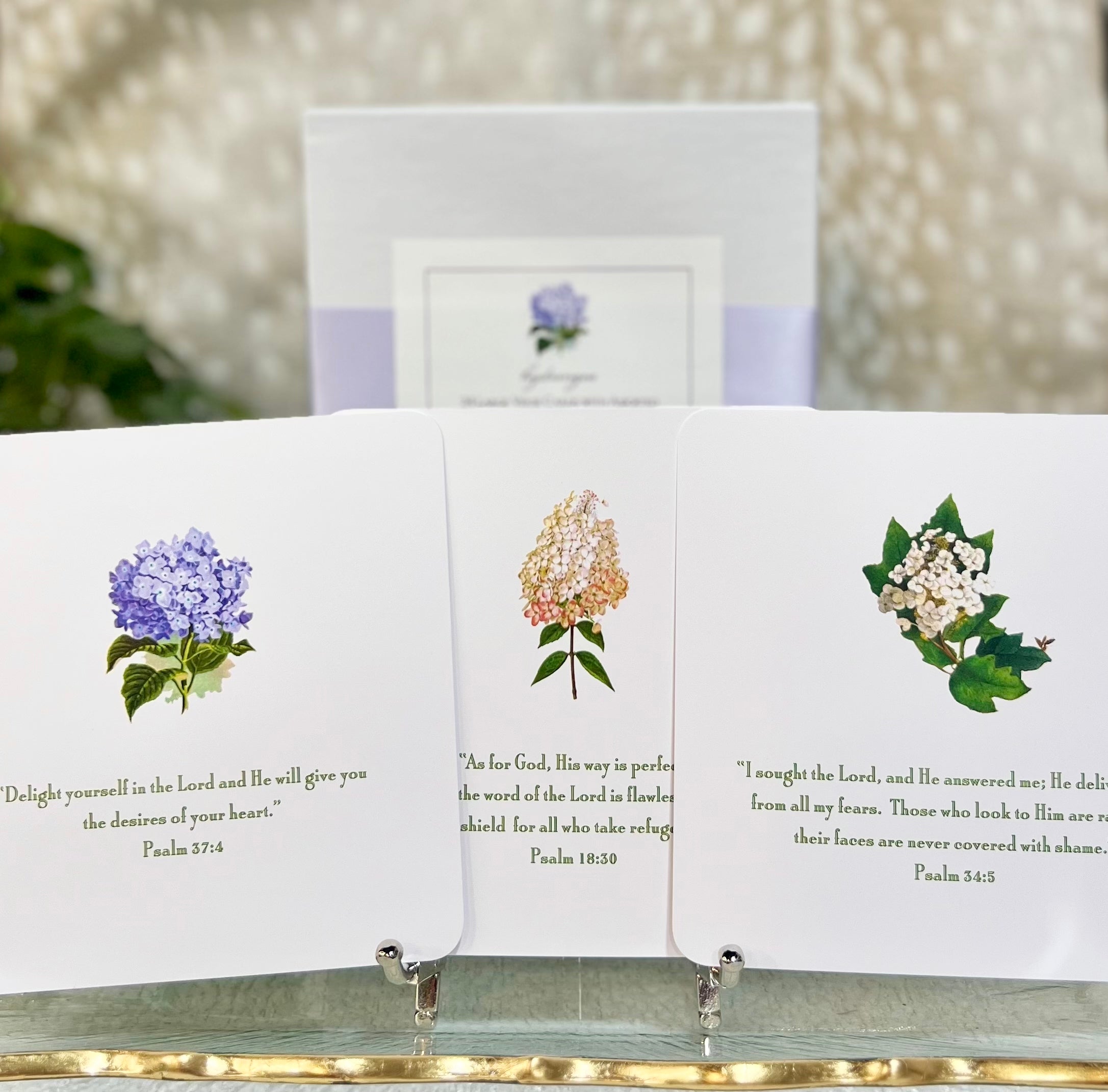Hydrangea scripture cards on a silver easel