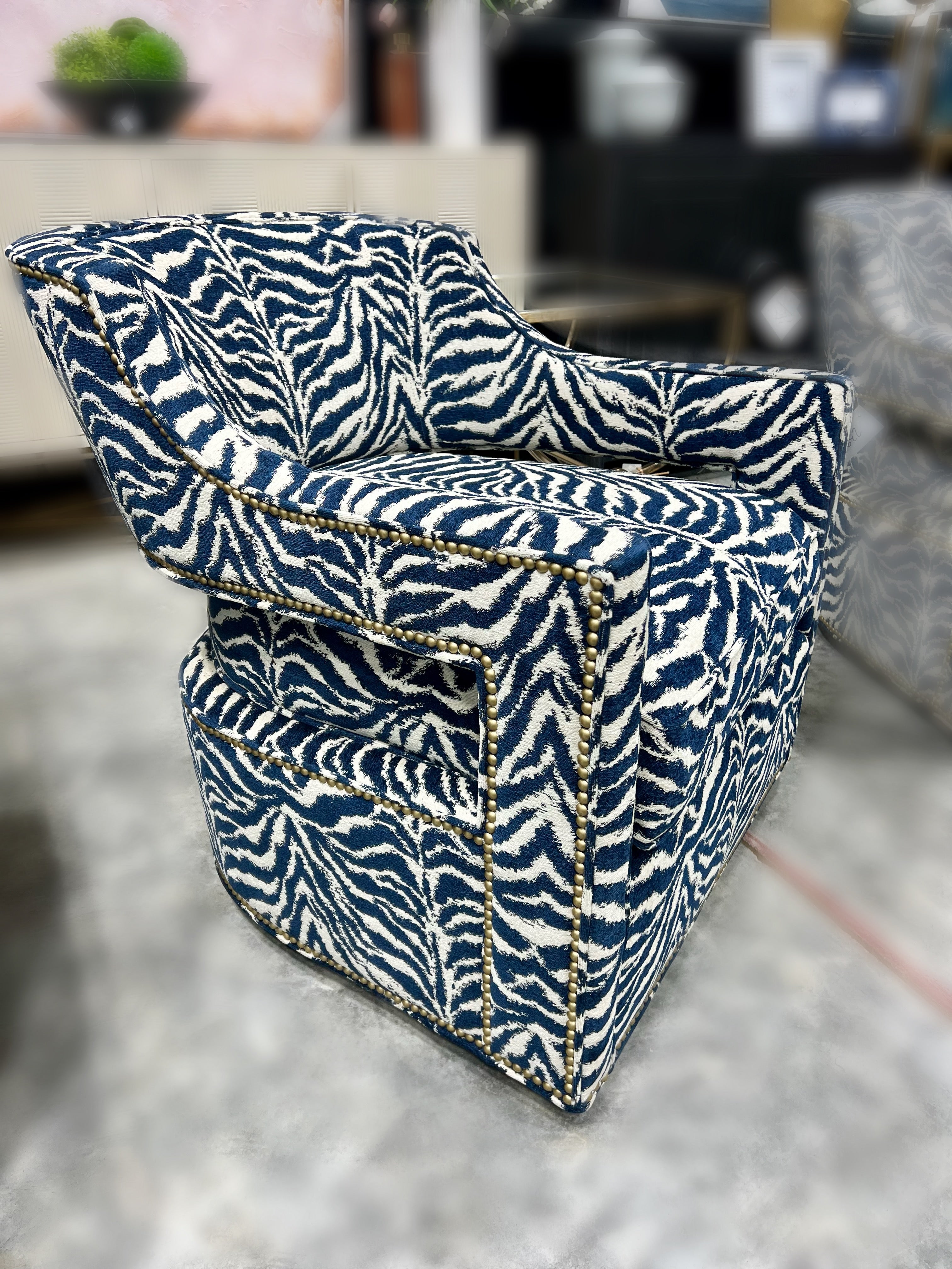 Fairfield Blue Zebra Print Swivel Arm Chair – Lauren Roebuck Designs