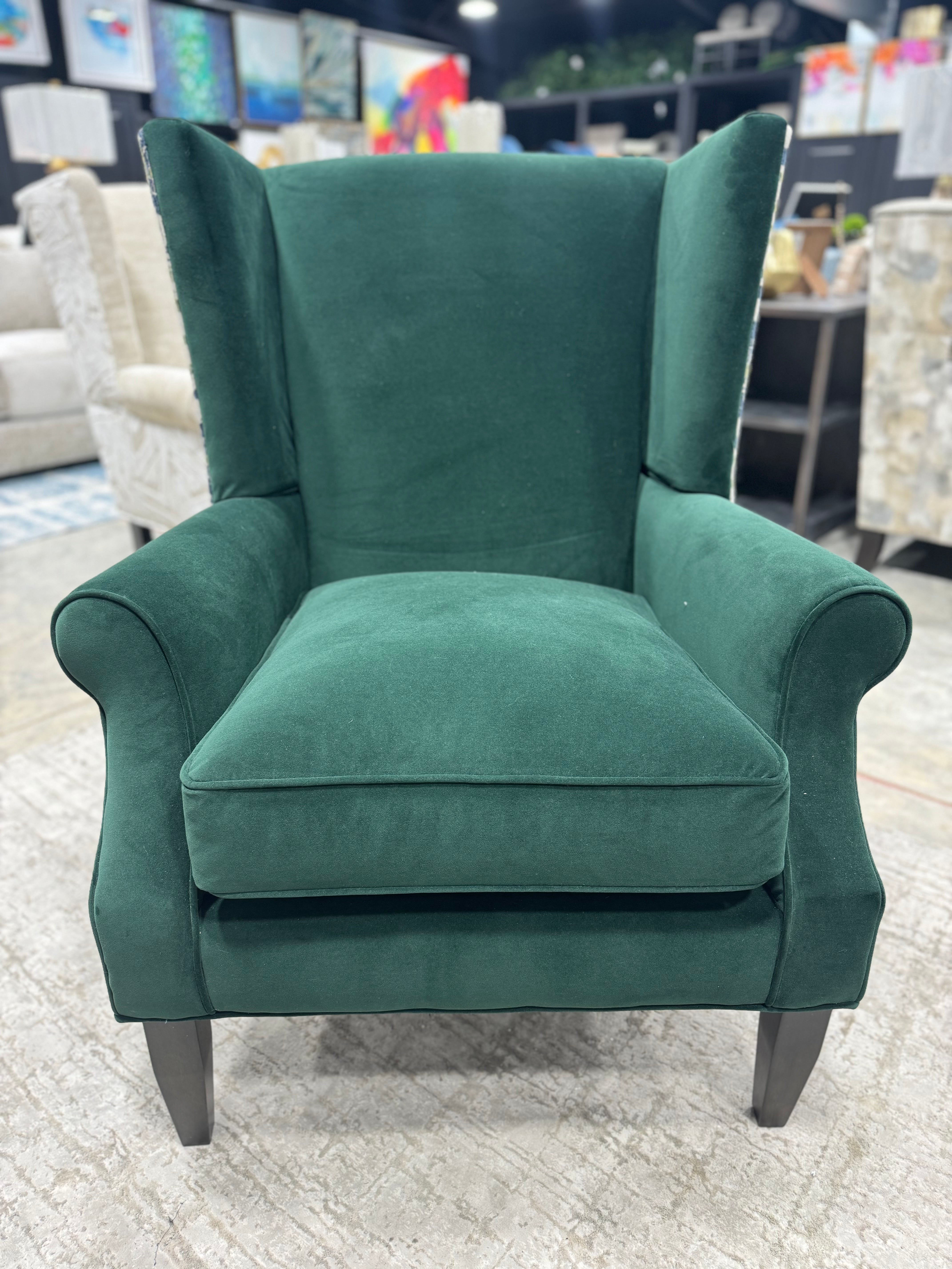 Craftmaster Green Velvet Patterned Wingback Chair