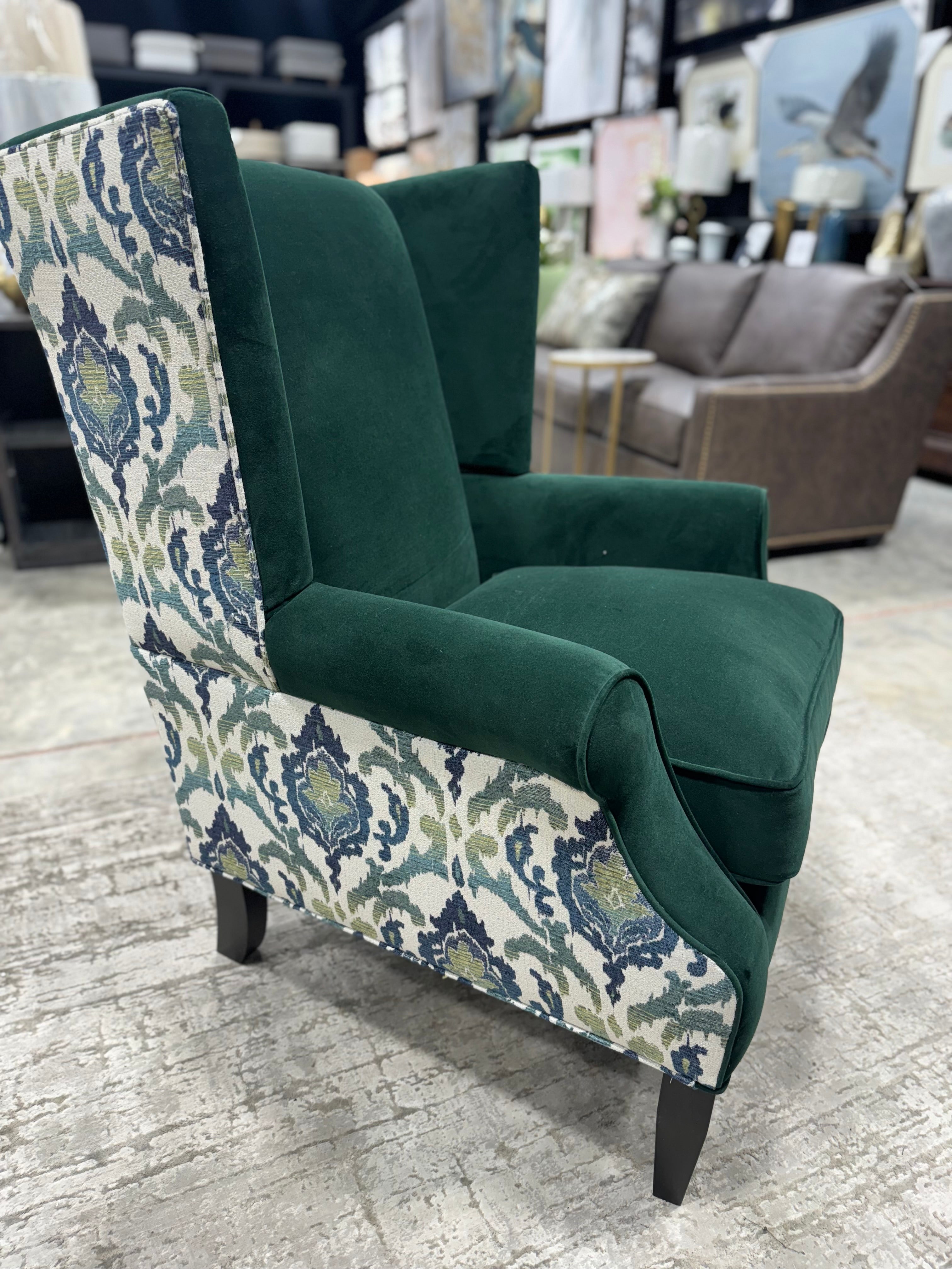 Craftmaster Green Velvet Patterned Wingback Chair
