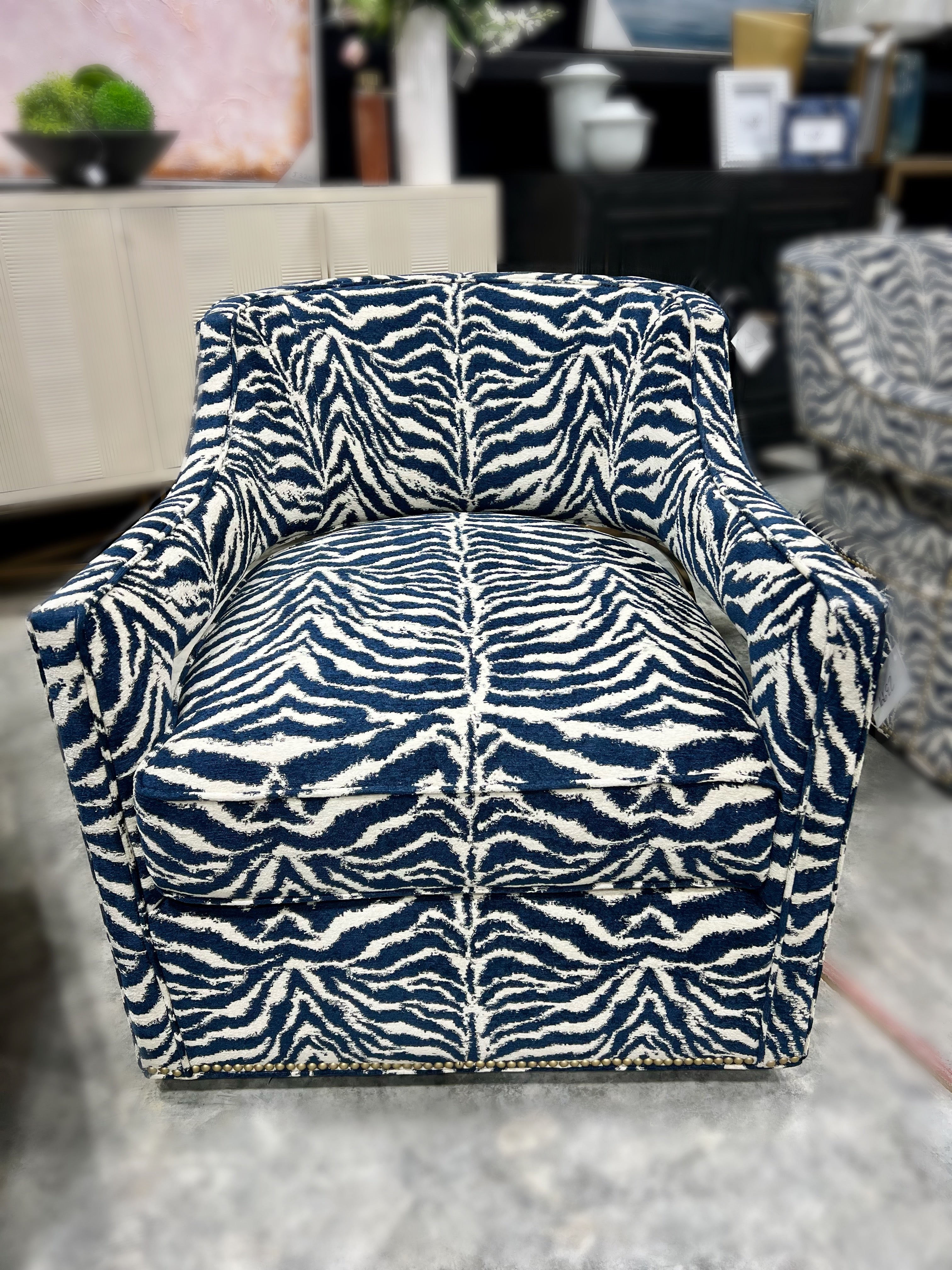 Fairfield Blue Zebra Print Swivel Arm Chair