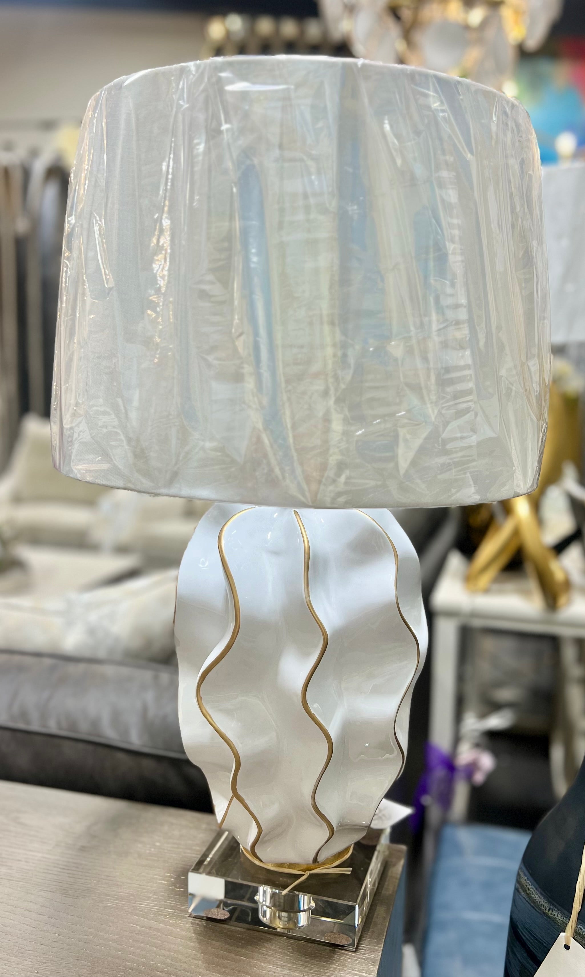 White Wavy Table Lamp with Gold Trim