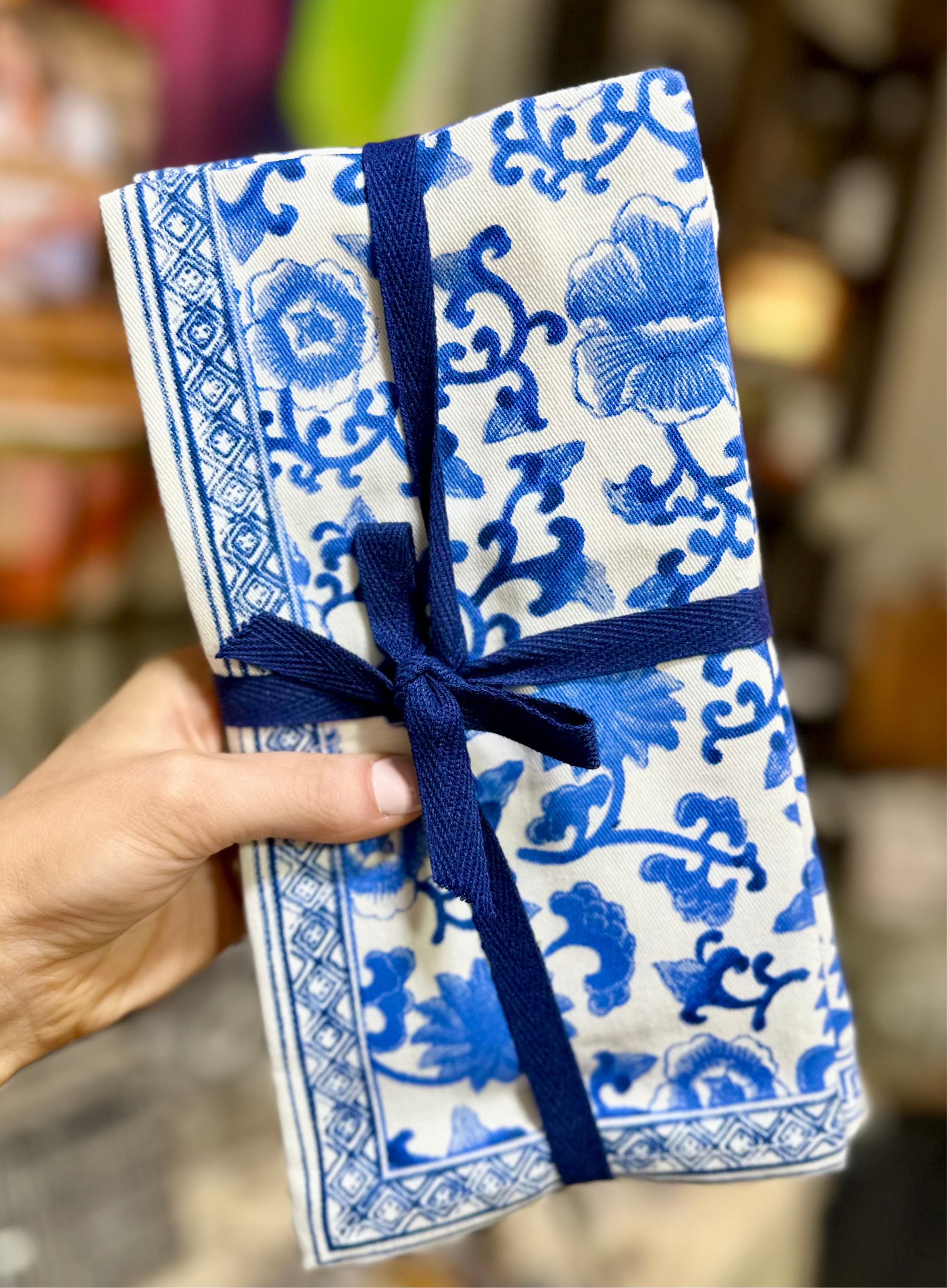 Set of 4-Blue and white tea towels